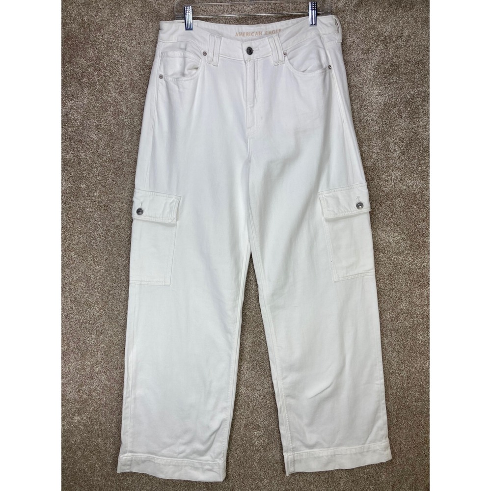 American Eagle Super High Rise Baggy Wide Leg Cargo Jeans Womens Sz 12 White Y2K - Picture 2 of 11